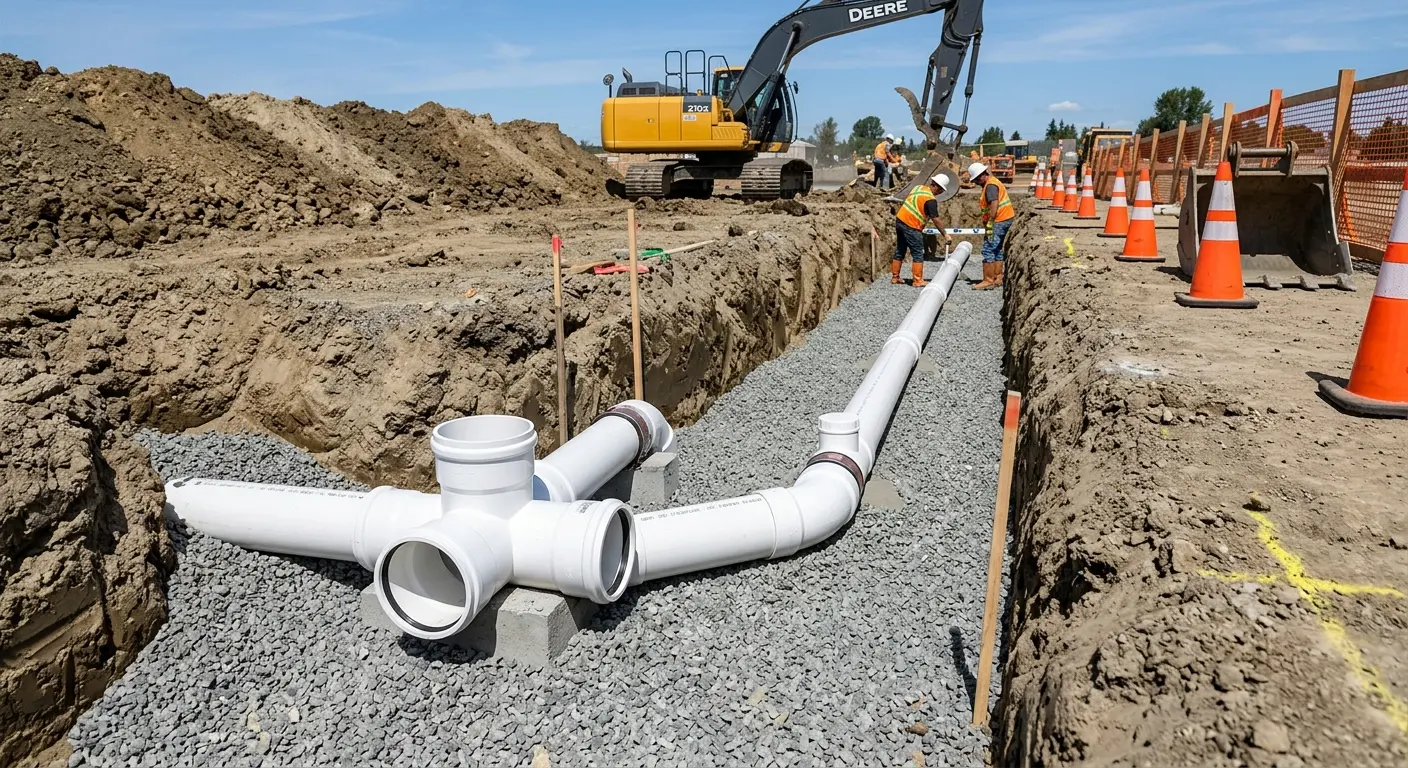 New PVC sewer pipe installation in open trench for Sewer Backup in Myrtletown